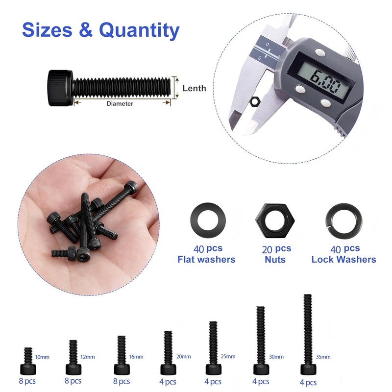 MklusiveTech 141Pcs M6 Screw Kit - 12.9 Grade Carbon Steel M6 Screws, Bolts, Nuts Assortment for DIY, 3D Printing, Automotive, Electronics (10-35mm, Black) - Image 2